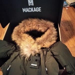 Mackage Jacket with hooded fur trim M/M Greenish in color